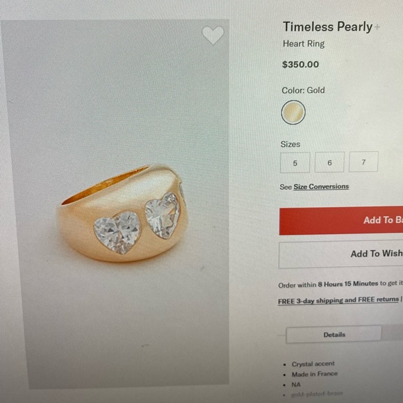 Timeless pearly size 7 ring 24k gold plated with three heart crystals - Picture 2 of 2